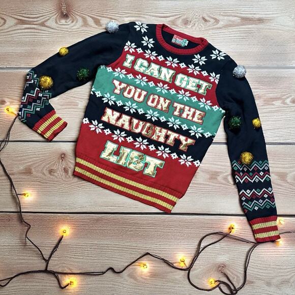 Spencer’s Naughty List Ugly Christmas Sweater Light Up Pom Pom Men’s Medium - Picture 1 of 13